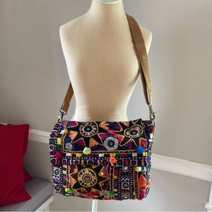 Bohemian leather strap bag colorful. From Cambodia